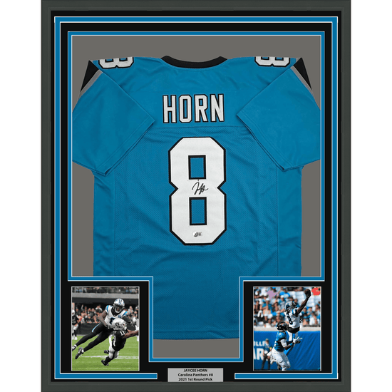 Framed Autographed/Signed Jaycee Horn 35x39 Carolina Blue Football Jersey Beckett BAS COA