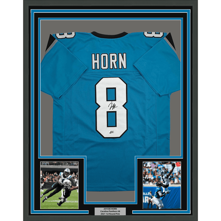 Framed Autographed/Signed Jaycee Horn 35x39 Carolina Blue Football Jersey Beckett BAS COA