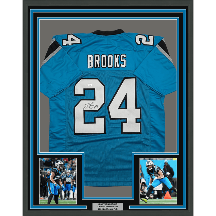 Framed Autographed/Signed Jonathon Brooks 35x39 Carolina Blue Football Jersey JSA COA
