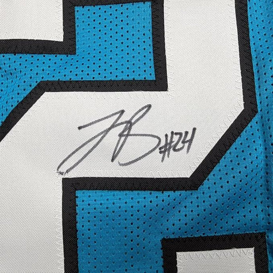 Framed Autographed/Signed Jonathon Brooks 35x39 Carolina Blue Football Jersey JSA COA