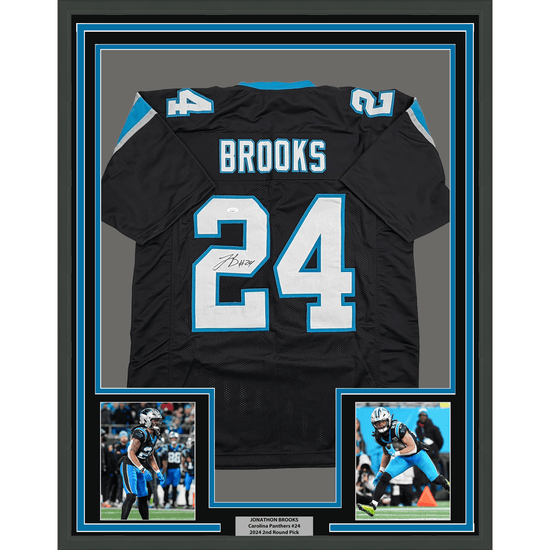 Framed Autographed/Signed Jonathon Brooks 35x39 Carolina Black Football Jersey JSA COA