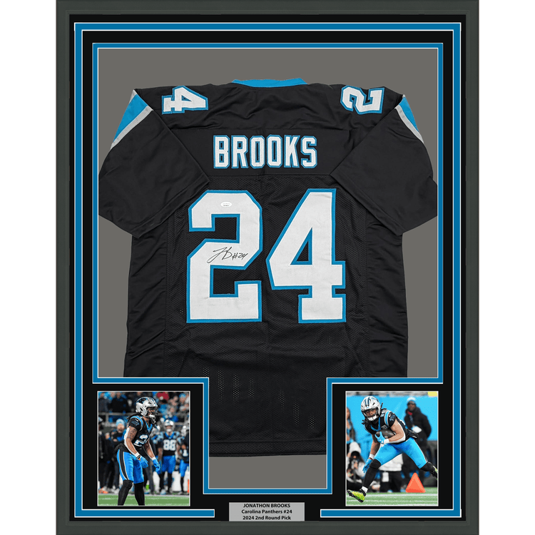 Framed Autographed/Signed Jonathon Brooks 35x39 Carolina Black Football Jersey JSA COA