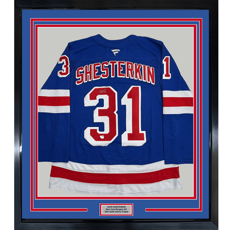 Framed Autographed/Signed 35x39 Igor Shesterkin New York Rangers Blue Authentic Hockey Jersey Fanatics COA
