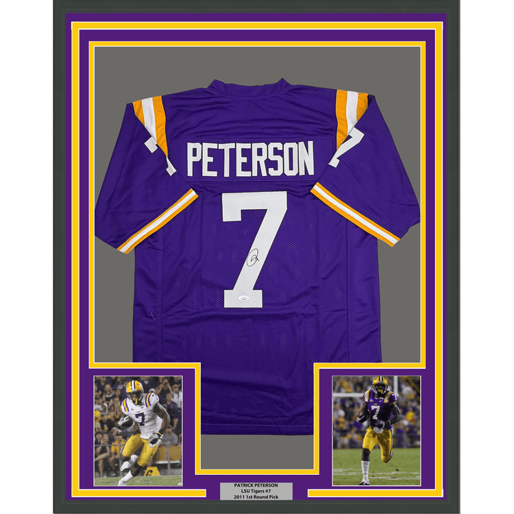 Framed Autographed/Signed Patrick Peterson 35x39 LSU Purple College Football Jersey JSA COA