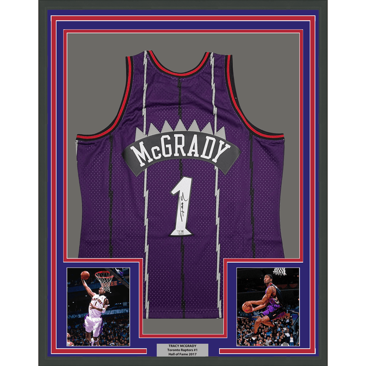 Framed Autographed/Signed Tracy McGrady 35x39 Toronto Raptors Purple Mitchell & Ness Authentic Basketball Jersey Fanatics COA