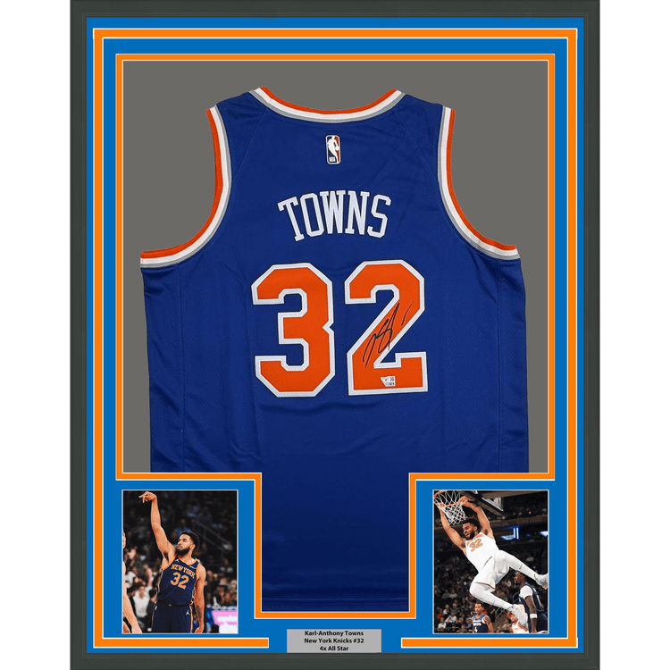 Framed Autographed/Signed Karl-Anthony Towns 35x39 New York Knicks Blue Authentic Basketball Jersey Fanatics COA