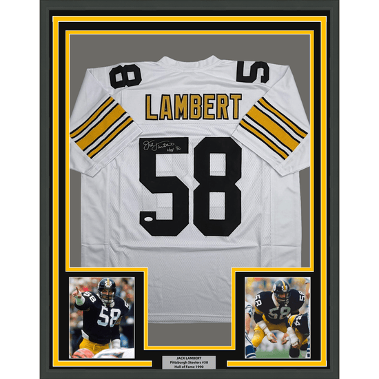 Framed Autographed/Signed Jack Lambert 35x39 Pittsburgh White Football Jersey JSA COA