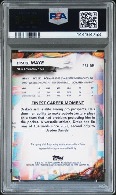 Graded 2024 Topps Finest Drake Maye #RFADM Rookie Finest Autograph Rookie RC Football Card PSA 10 Auto 10