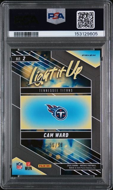 Graded 2025 Panini Mosaic Cam Ward #2 Light It Up Blue /99 Rookie RC Football Card PSA 10 Gem Mint