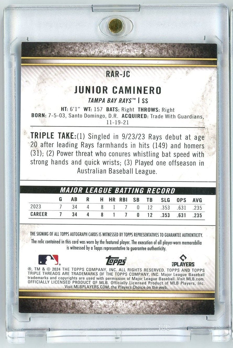 2024 Topps Triple Threads Junior Caminero #RAR-JC Relic Patch Auto RPA /75 Rookie RC Baseball Card