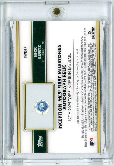2025 Topps Inception Nick Kurtz #FMAR-NK First Career Hit Game Used Base Auto /99 Rookie RC Baseball Card