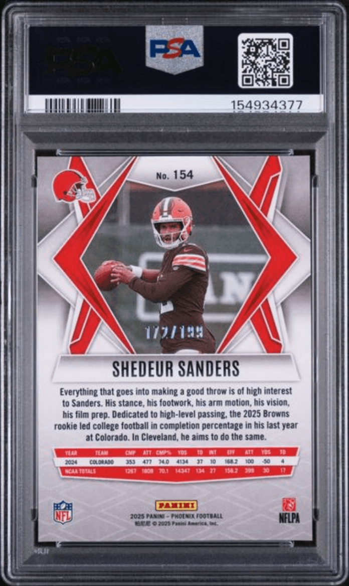 Graded 2025 Panini Phoenix Shedeur Sanders #154 Red Lazer /199 Rookie RC Football Card PSA 10 Gem Mint