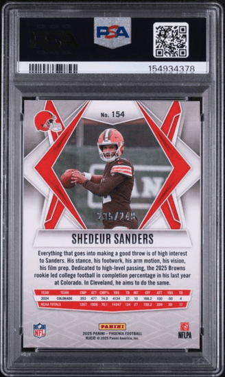 Graded 2025 Panini Phoenix Shedeur Sanders #154 Purple Hyper /249 Rookie RC Football Card PSA 10 Gem Mint