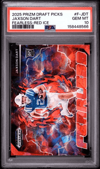 Graded 2025 Panini Prizm Draft Picks Jaxson Dart #FJDT Fearless Red Ice Rookie RC Football Card PSA 10 Gem Mint