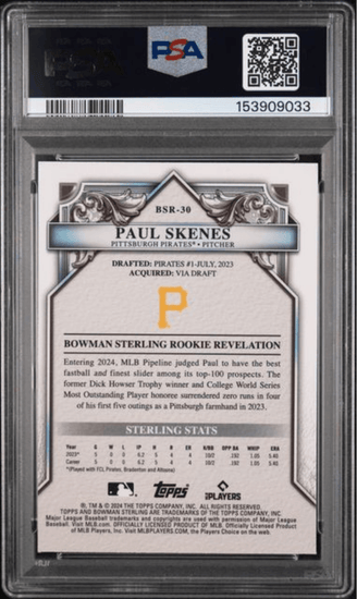 Graded 2024 Topps Bowman Sterling Paul Skenes #BSR30 Rookies Mini Diamond Refractor /150 Rookie RC Baseball Card PSA 10 Gem Mint