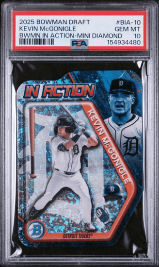 Graded 2025 Topps Bowman Draft Kevin McGonigle #BIA10 Bowman In Action Mini Diamond /150 Rookie RC Baseball Card PSA 10 Gem Mint