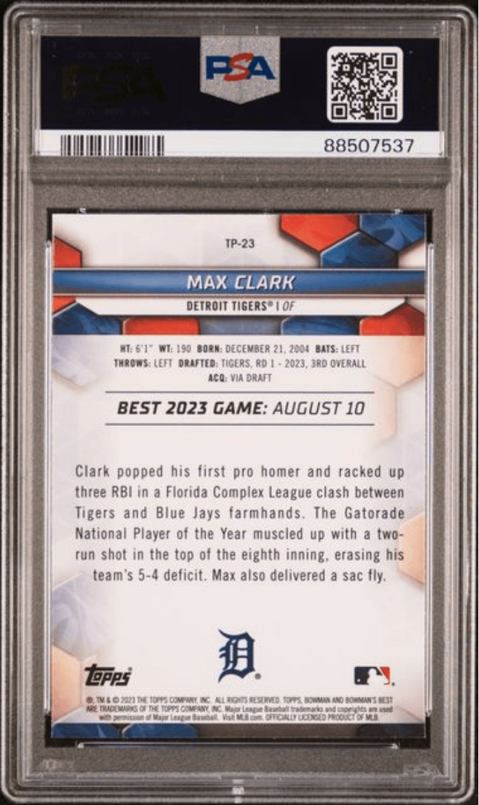 Graded 2023 Topps Bowmans Best Max Clark #TP23 Top Prospects Rookie RC Baseball Card PSA 10 Gem Mint