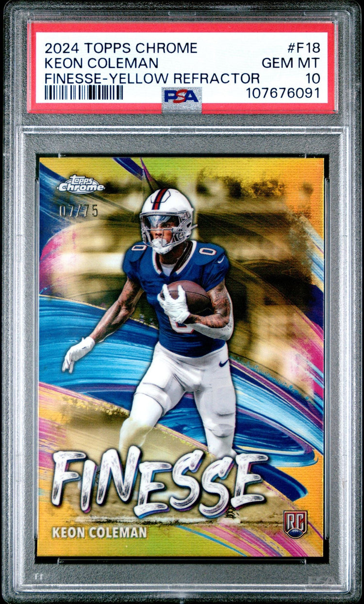 Graded 2024 Topps Chrome Keon Coleman #F18 Finesse Yellow Refractor /75 Rookie RC Football Card PSA 10 Gem Mint