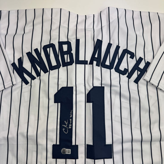 Autographed/Signed Chuck Knoblauch "98-00 WSC" New York Pinstripe Baseball Jersey Beckett BAS COA