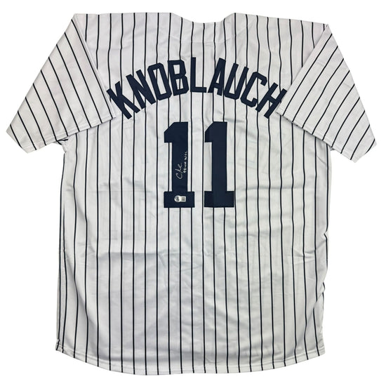 Autographed/Signed Chuck Knoblauch "98-00 WSC" New York Pinstripe Baseball Jersey Beckett BAS COA