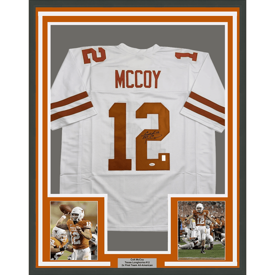 Framed Autographed/Signed Colt McCoy 35x39 Texas White College Football Jersey JSA COA