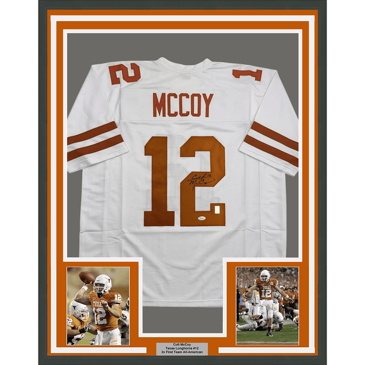 Framed Autographed/Signed Colt McCoy 35x39 Texas White College Football Jersey JSA COA