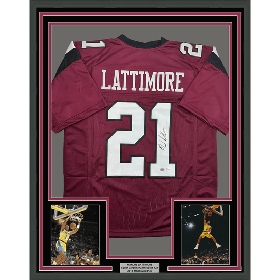Framed Autographed/Signed Marcus Lattimore 35x39 South Carolina Maroon College Football Jersey JSA COA