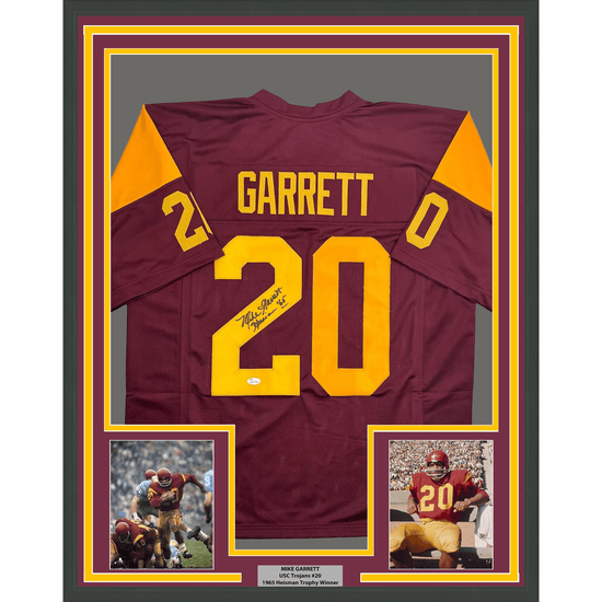 Framed Autographed/Signed Mike Garrett 35x39 Heisman 65 USC Southern Cal Red College Football Jersey JSA COA