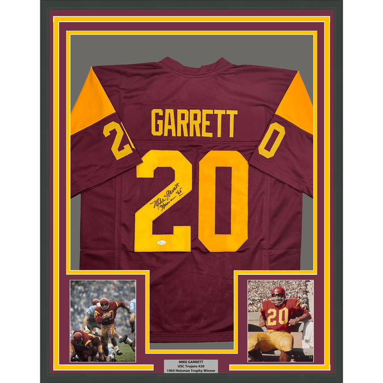 Framed Autographed/Signed Mike Garrett 35x39 Heisman 65 USC Southern Cal Red College Football Jersey JSA COA