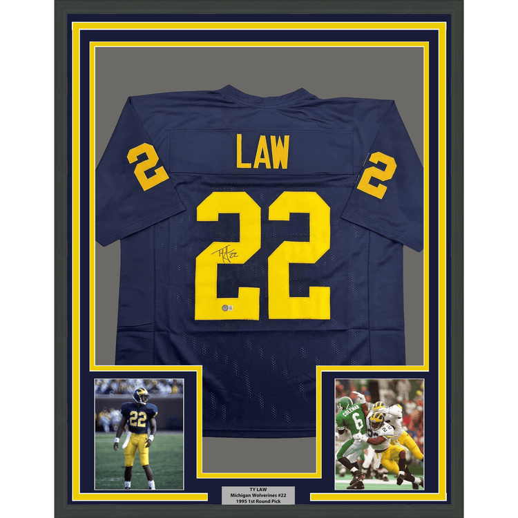 Framed Autographed/Signed Ty Law 35x39 Michigan Blue College Football Jersey Beckett BAS COA