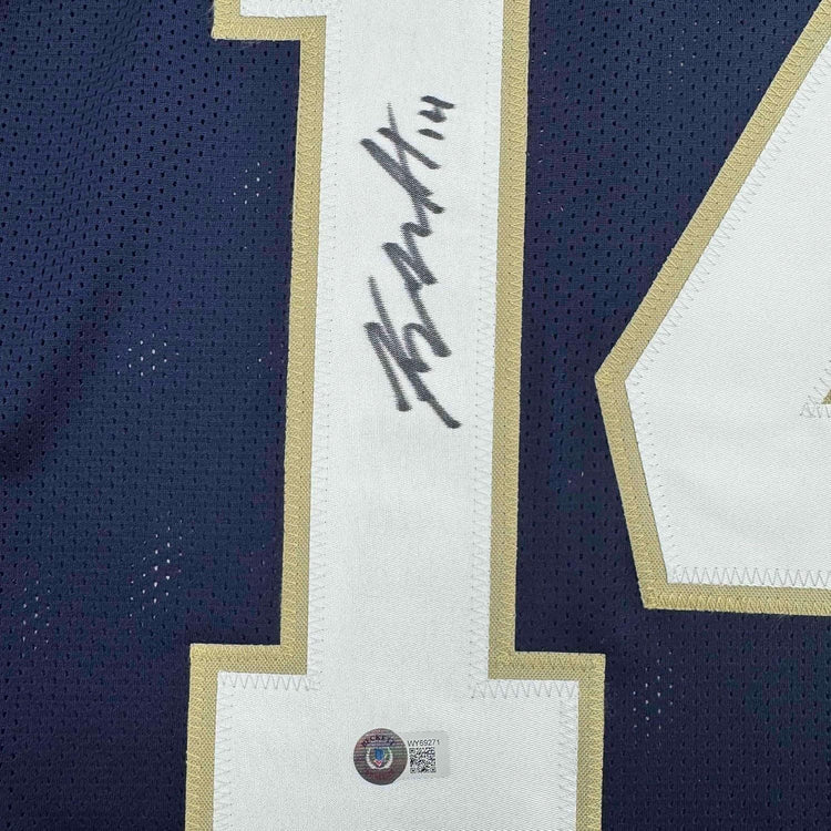 Framed Autographed/Signed Kyle Hamilton 35x39 Notre Dame Blue College Football Jersey Beckett BAS COA
