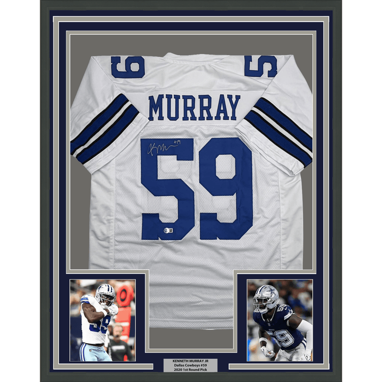 Framed Autographed/Signed Kenneth Murray Jr. 35x39 Dallas White Football Jersey Beckett BAS COA