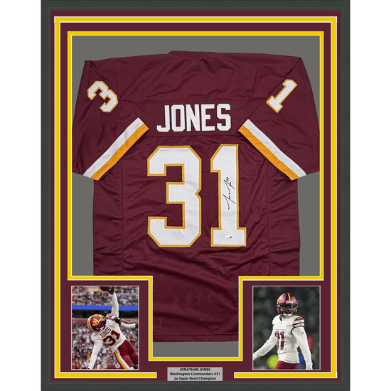 Framed Autographed/Signed Jonathan Jones 35x39 Washington Maroon Football Jersey JSA COA