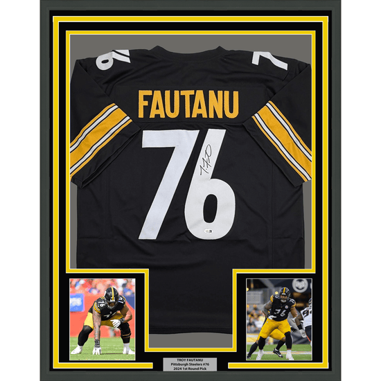 Framed Autographed/Signed Troy Fautanu 35x39 Pittsburgh Black Football Jersey JSA COA