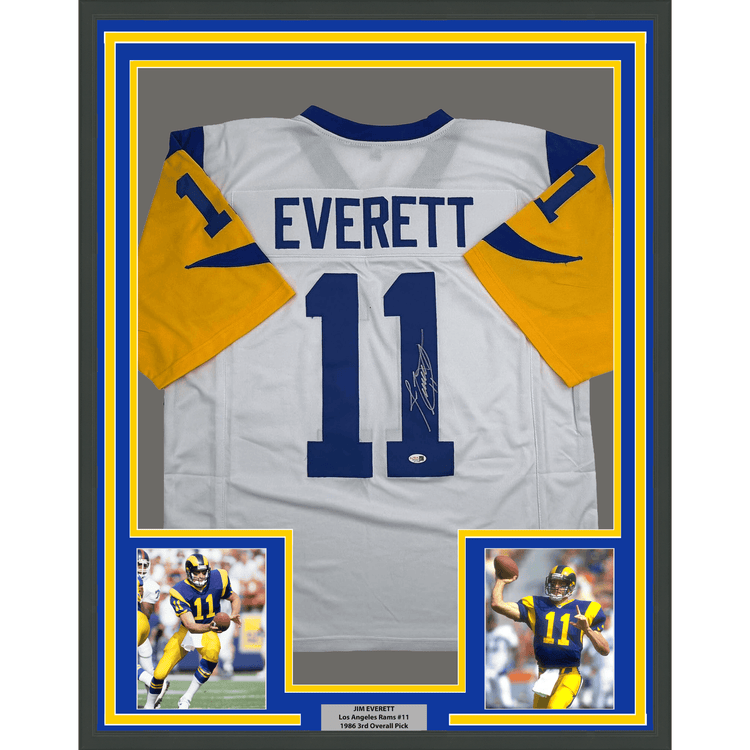 Framed Autographed/Signed Jim Everett 35x39 Los Angeles LA White Football Jersey JSA COA