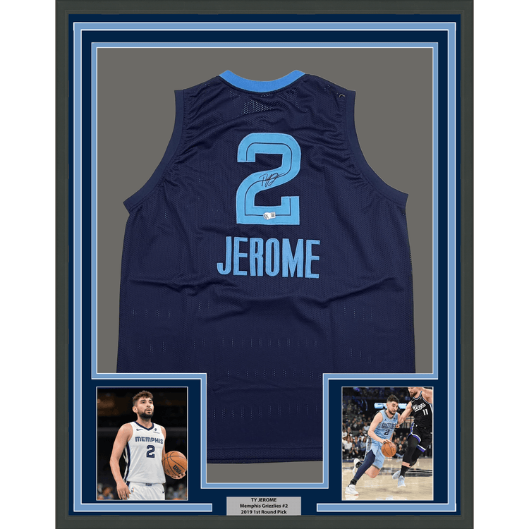 Framed Autographed/Signed Ty Jerome 35x39 Memphis Navy Blue Basketball Jersey Beckett BAS COA