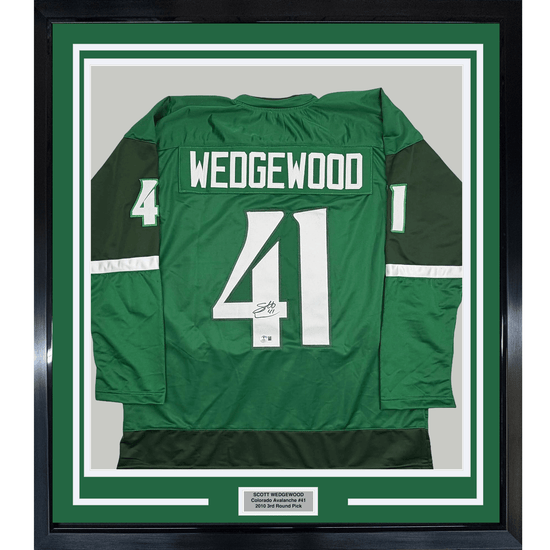 Framed Autographed/Signed Scott Wedgewood 35x39 Colorado Green St. Patrick's Day Hockey Jersey Beckett BAS COA
