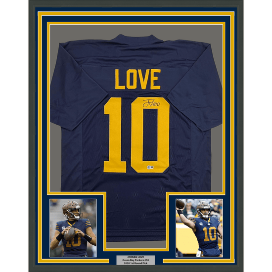 Framed Autographed/Signed Jordan Love 35x39 Green Bay Blue Retro Football Jersey Beckett BAS COA