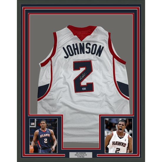 Framed Autographed/Signed Joe Johnson 35x39 Atlanta White Basketball Jersey Beckett BAS COA