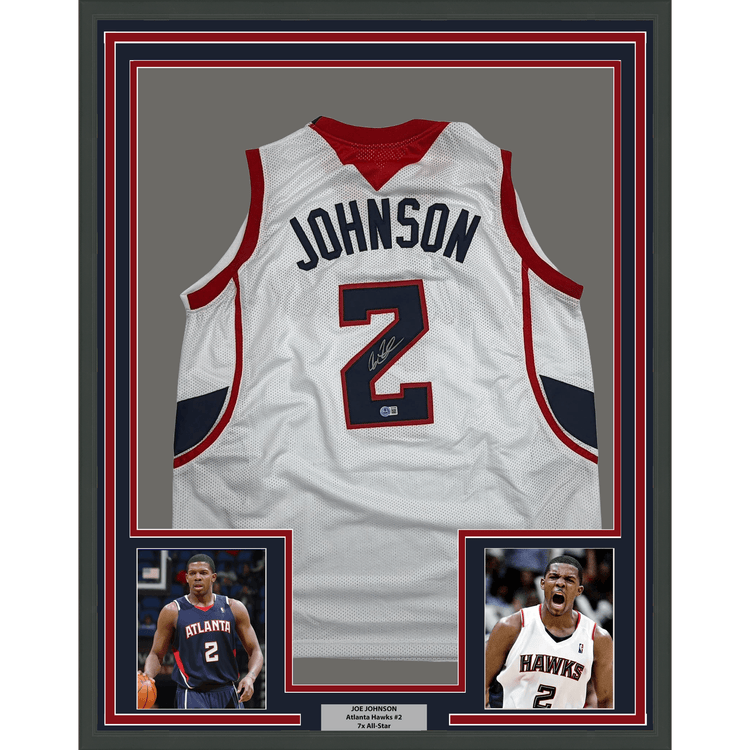 Framed Autographed/Signed Joe Johnson 35x39 Atlanta White Basketball Jersey Beckett BAS COA