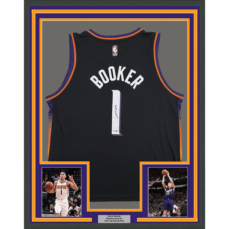 Framed Autographed/Signed Devin Booker 35x39 Phoenix Suns Black Authentic Basketball Jersey JSA COA
