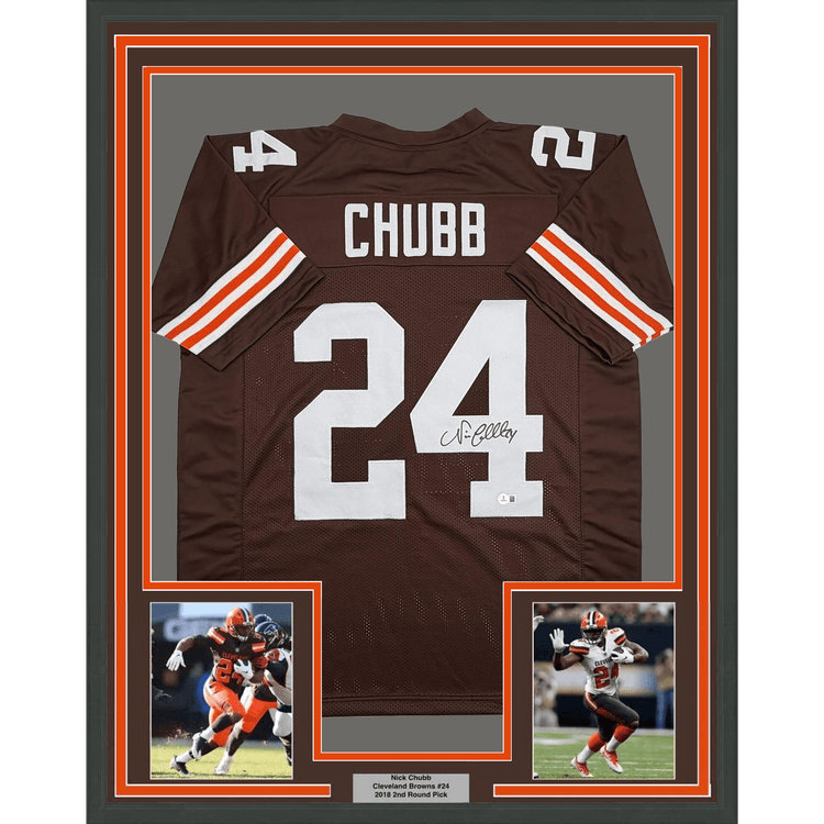 Framed Autographed/Signed Nick Chubb 35x39 Cleveland Brown Football Jersey Beckett BAS COA