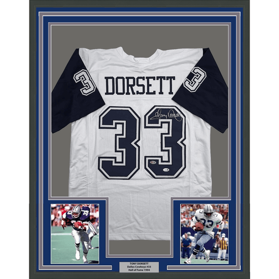 Framed Autographed/Signed Tony Dorsett 35x39 Dallas White Color Rush Football Jersey JSA COA