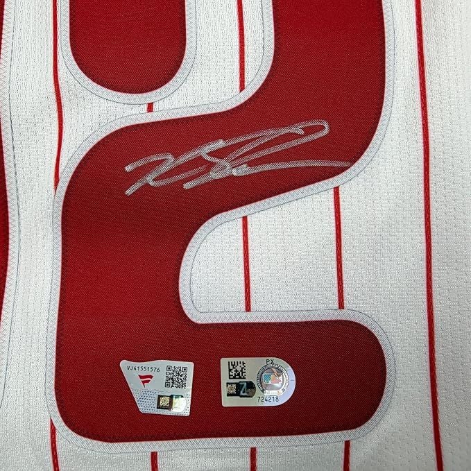 Framed Autographed/Signed Kyle Schwarber 35x39 Philadelphia Phillies Pinstripe Authentic Baseball Jersey Fanatics & MLB COA