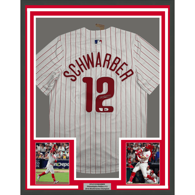 Framed Autographed/Signed Kyle Schwarber 35x39 Philadelphia Phillies Pinstripe Authentic Baseball Jersey Fanatics & MLB COA