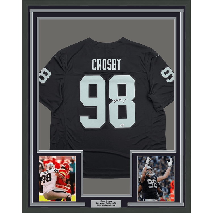 Framed Autographed/Signed Maxx Crosby 35x39 Oakland Las Vegas Raiders Black Authentic Football Jersey Fanatics COA