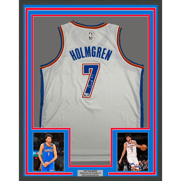 Framed Autographed/Signed Chet Holmgren 35x39 Oklahoma City OKC Thunder Blue Authentic Basketball Jersey Fanatics COA