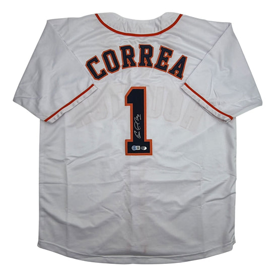 Autographed/Signed Carlos Correa Houston White Baseball Jersey Beckett BAS COA