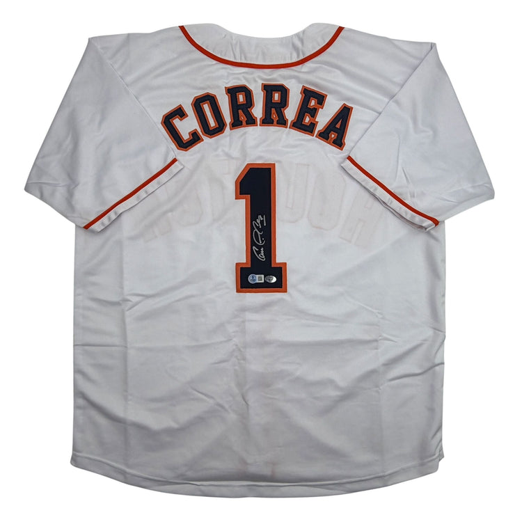 Autographed/Signed Carlos Correa Houston White Baseball Jersey Beckett BAS COA