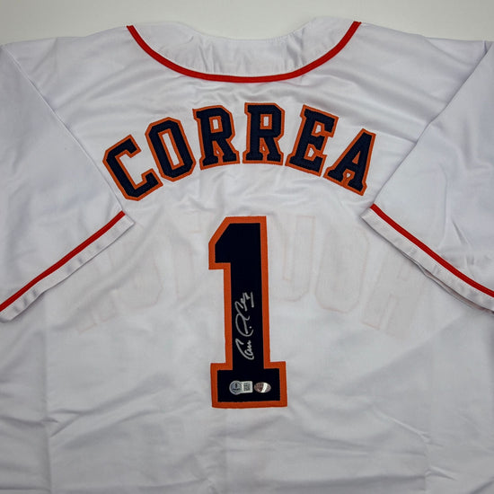 Autographed/Signed Carlos Correa Houston White Baseball Jersey Beckett BAS COA